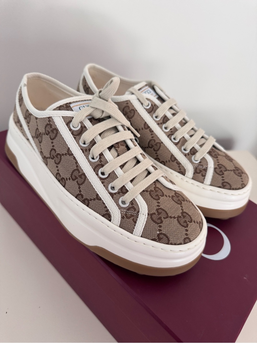 Gucci Beige and Brown GG Canvas Platform Sneakers